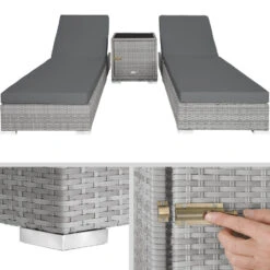 Tectake - 2 Wicker Ligbedden Incl. Tafel - Beschermhoes -lichtgrijs - 403770 -Stijlvolle Tuinmeubelwinkel 1000077823 0103