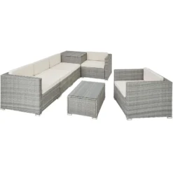 Tectake- Loungeset Pisa Met Opbergbox Kussens - Wicker - Lichtgrijs -Stijlvolle Tuinmeubelwinkel 1000077880 0102